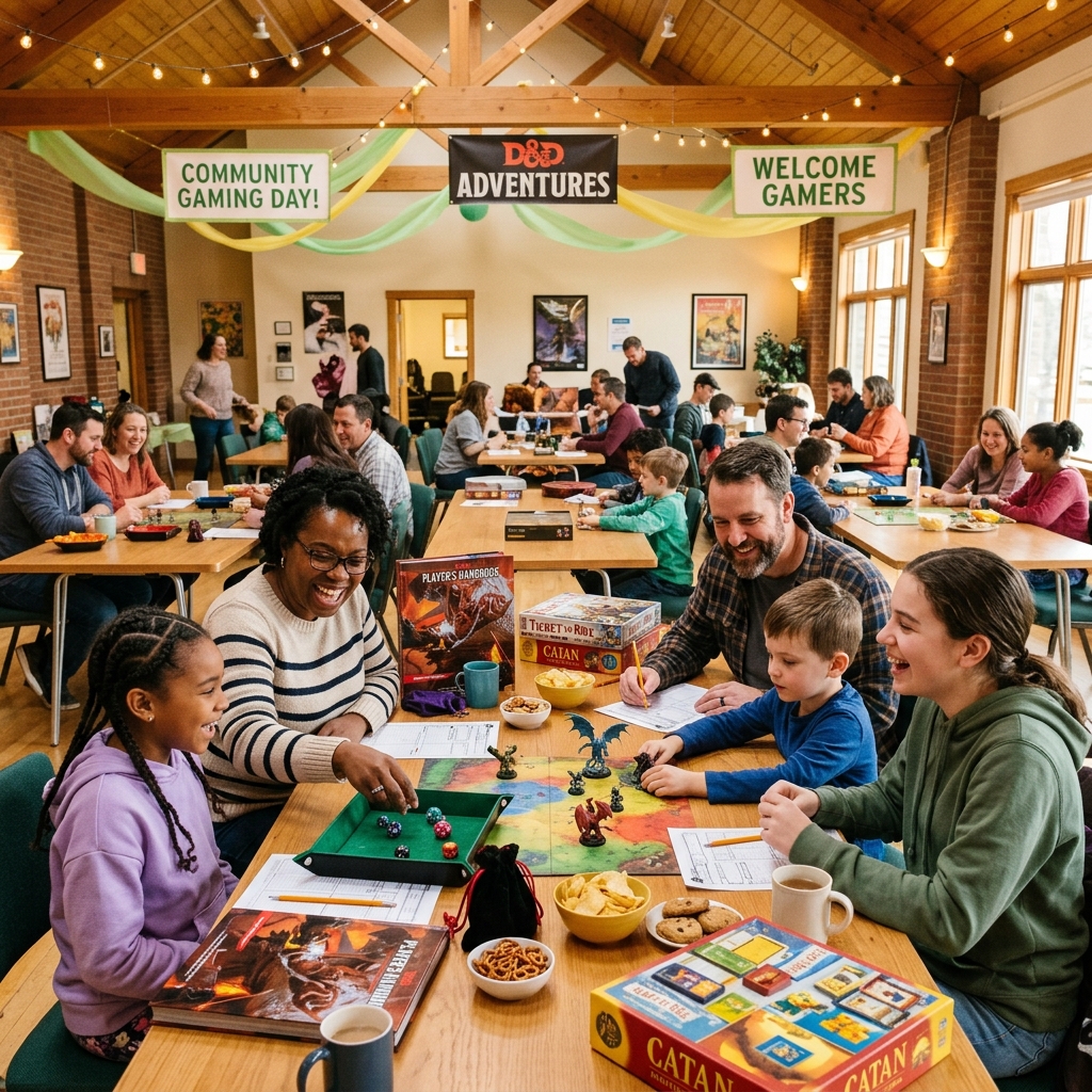 Local families playing board games and tabletop RPGs in the local hall