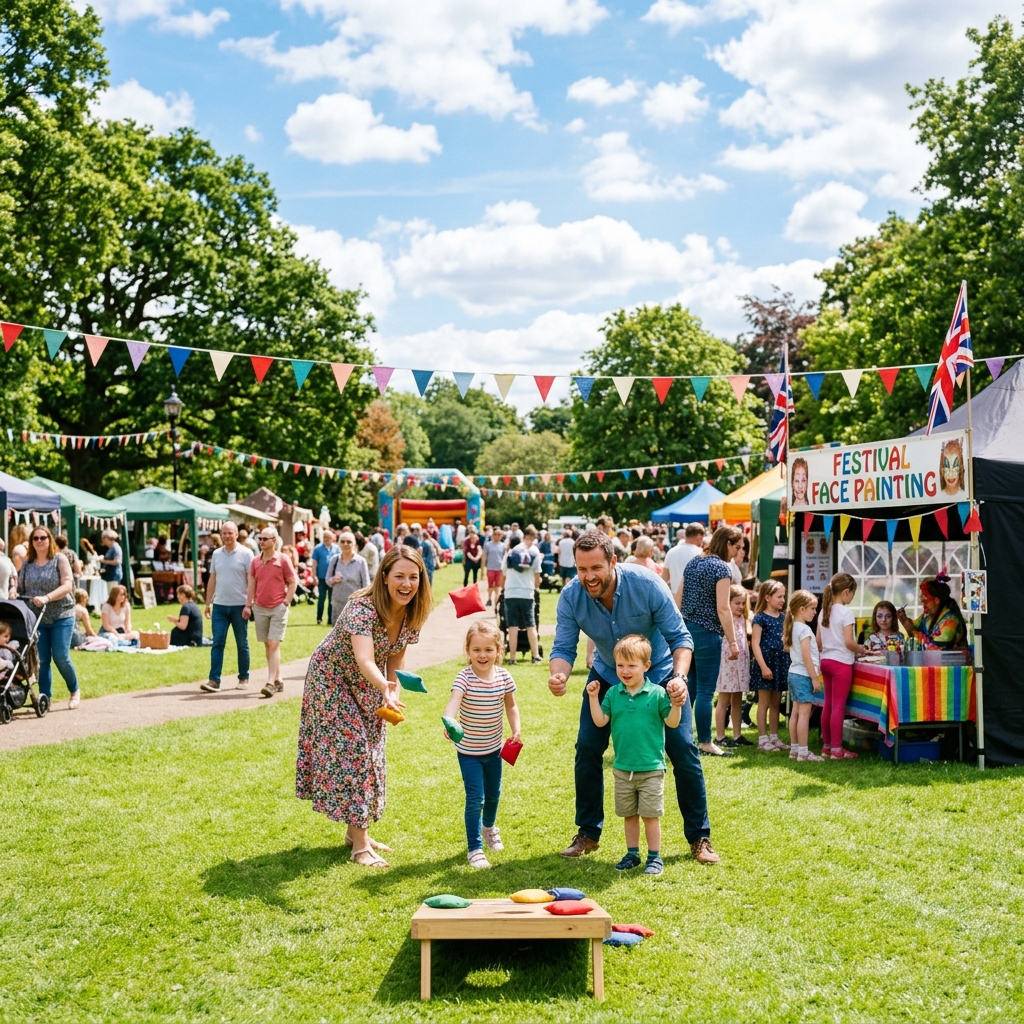 Happy family playing games at the Earby park fun day festival