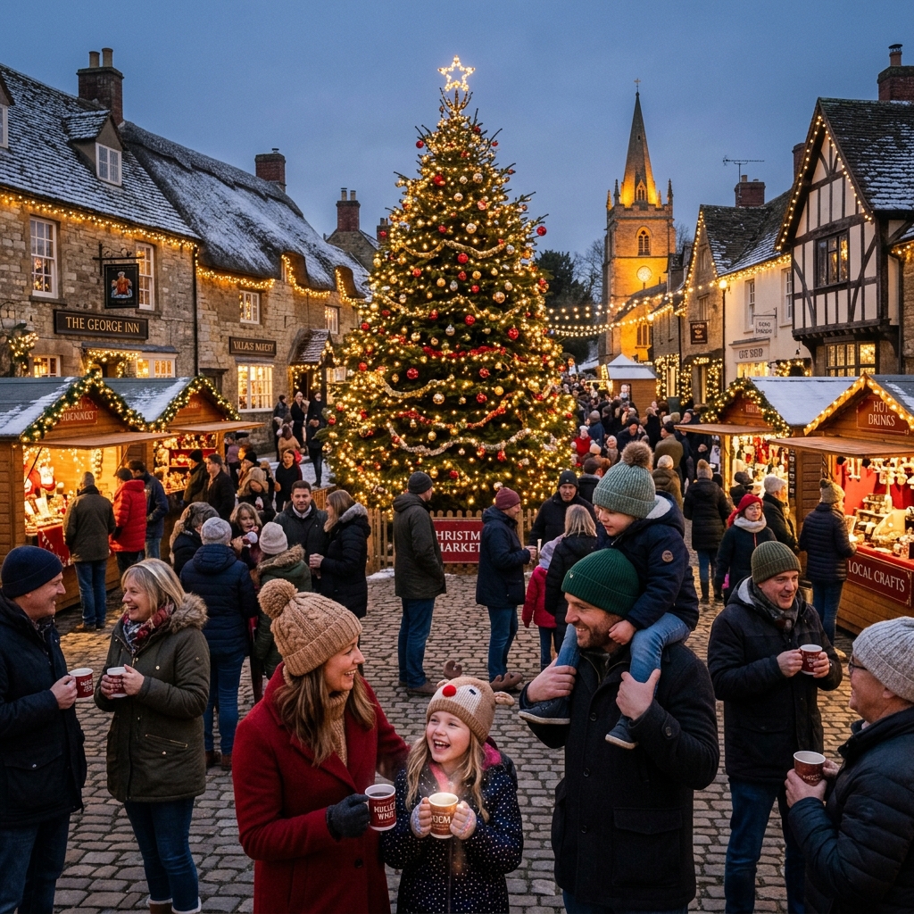 Families gathered around the giant glowing Christmas tree in the village square